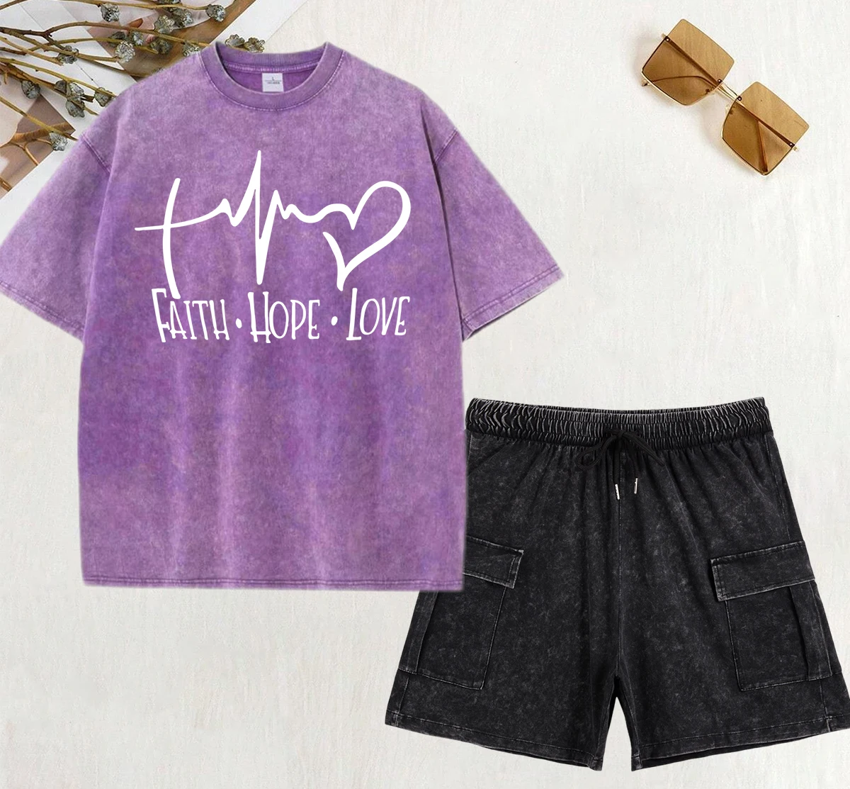 

Faith Hope Love Letter Graphic Print Snow Wash T-Shirt Set Women Casual Cotton T Shirt Soft Loose Short Pant Fashion Streetwear