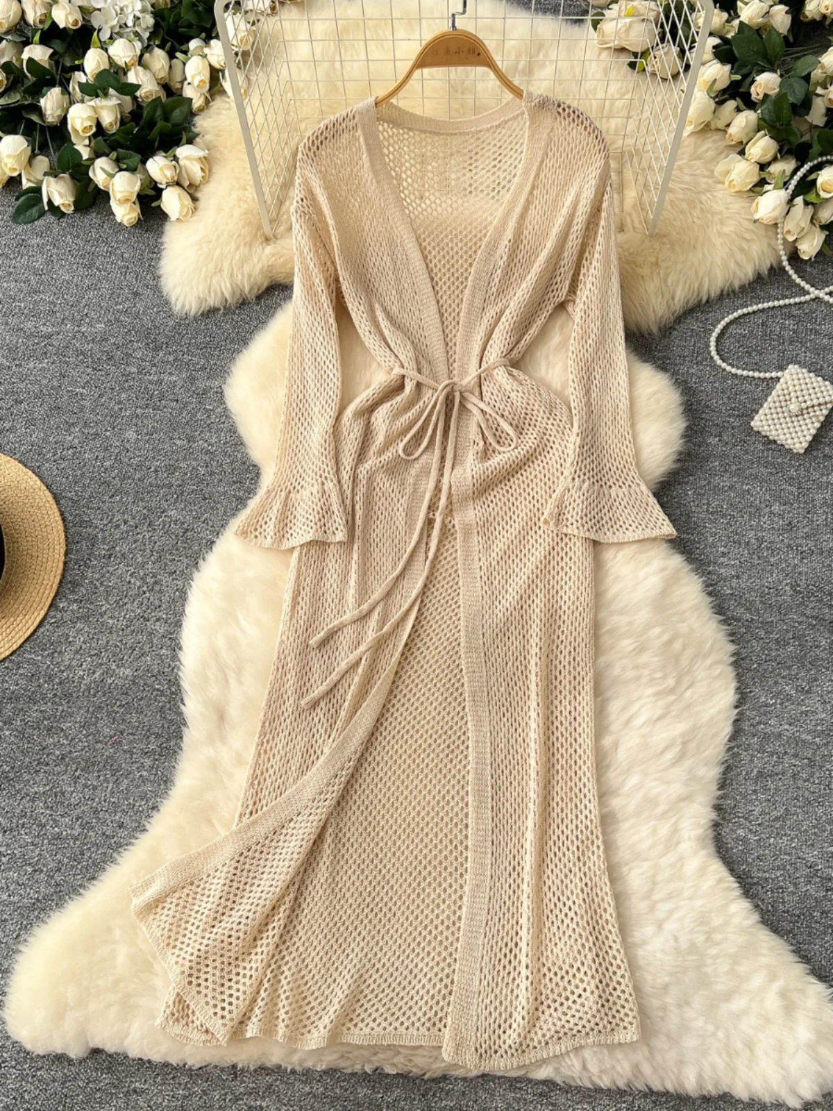 أنيقة الجوف خارج محبوك oulder التفاف المرأة أوائل الربيع مربوط الخصر تنوعا ملابس خارجية سترة طويلة الربيع تخفيف Sle