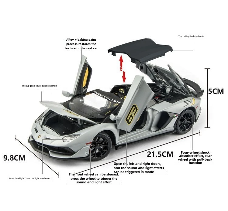 1:24 Lamborghini Aventador SVJ63 Legering Auto Diecasts & Toy Vehicles Auto Model Geluid en Licht Pull Back Auto Speelgoed voor Kinderen Geschenken