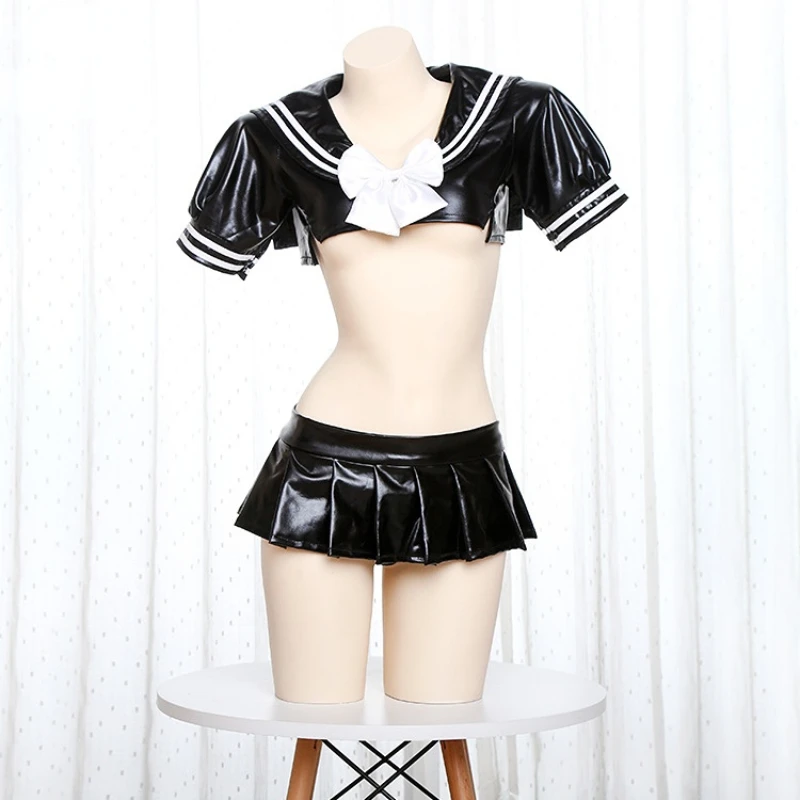 Anime Pu Leather Sailor Suit Cute Female Student Uniform Japanese Bow Sweet Girl Costume Cosplay Mini Skirt Set Out Outfits