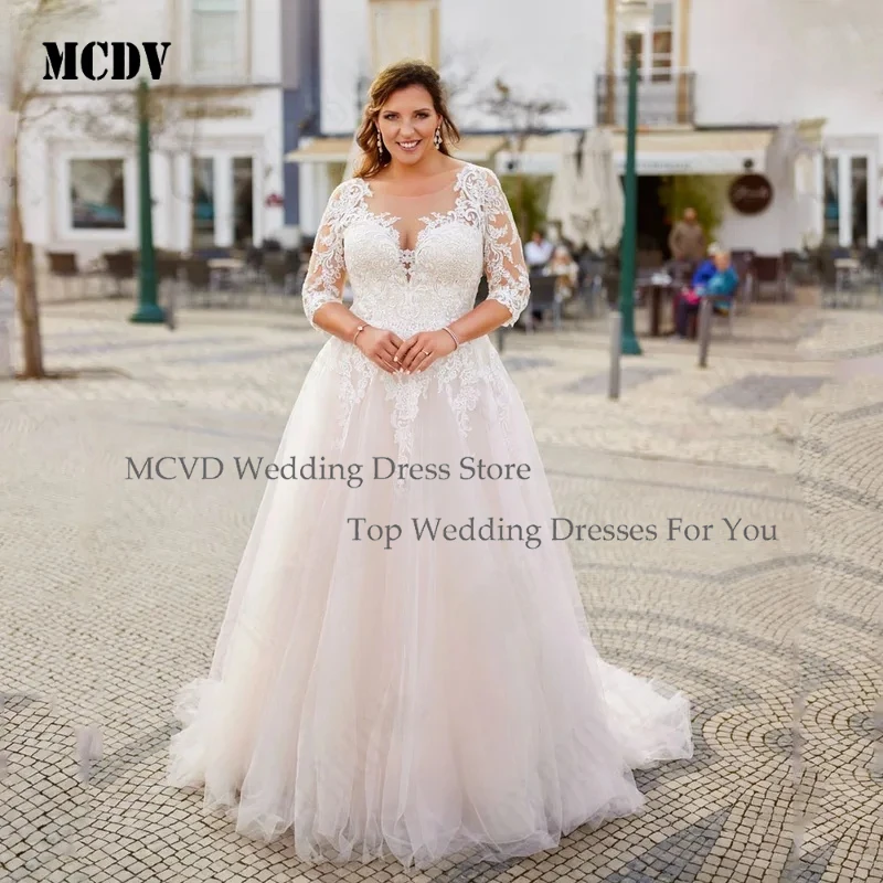 

MCDV 2024 Plus Size Wedding Dress 3/4 Sleeves O Neck A Line Applique Tulle Illusion Back Bride Gowns