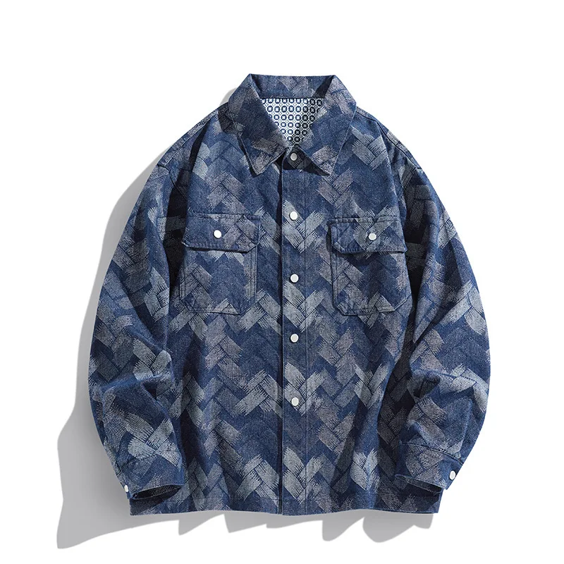 

Men's Jacquard Denim Jacket | Oversized Tweed-Style Coat with Checkered Collar, American Retro Blazer