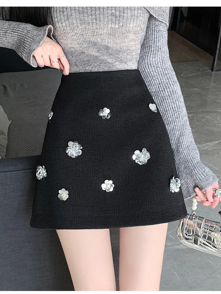 SMTHMA New Autumn Winter Small Fragrant Style Flower Short Skirt Women's Slimming High waist A-line Tweed Skirt