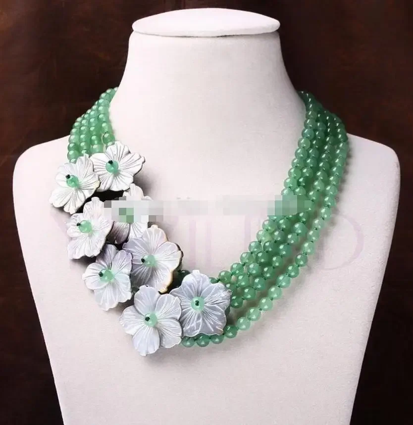 

carved flower green stone multi-layer abalone pendant elegant strand necklace
