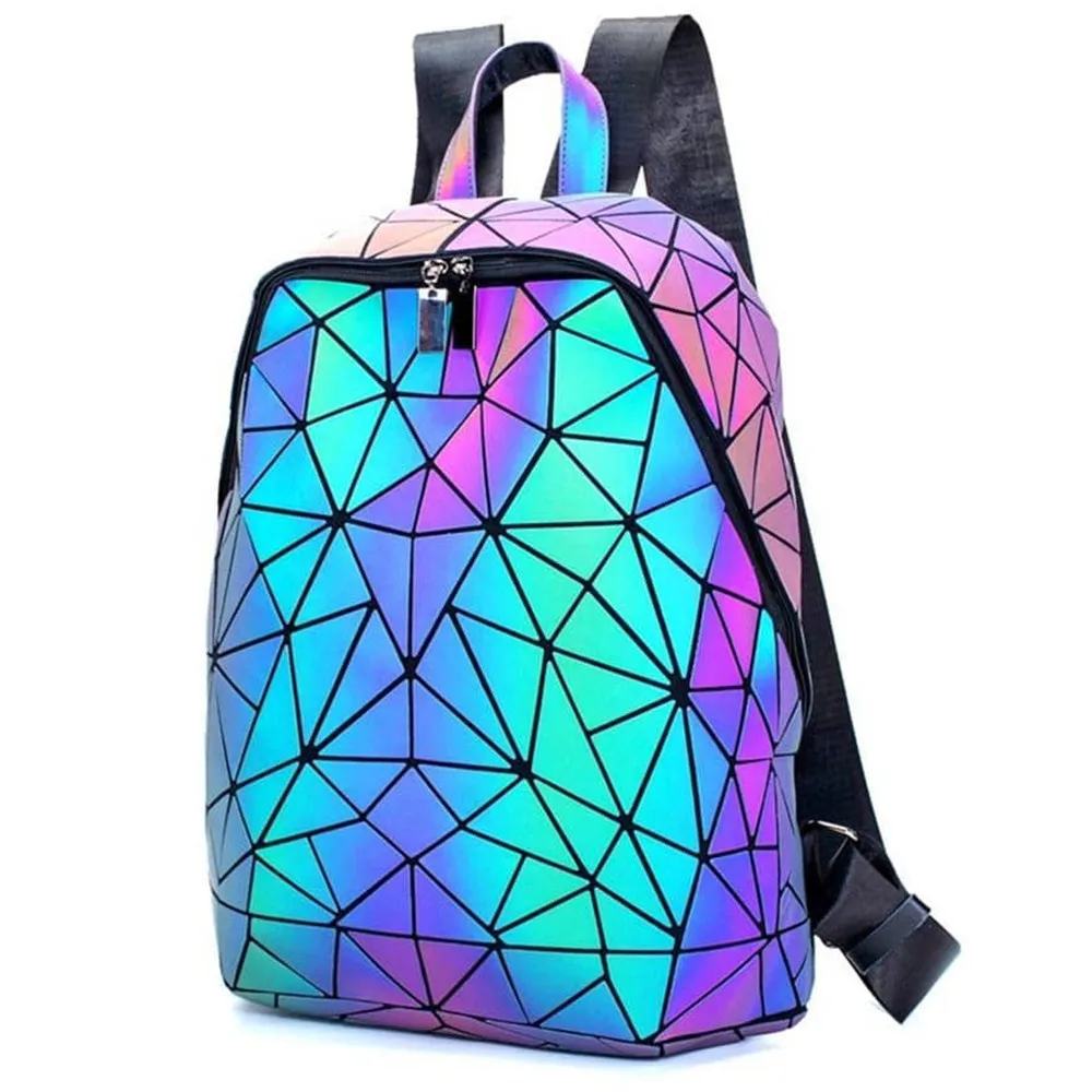 Zaino da donna luminoso alla moda/zaino pieghevole olografico con rombo geometrico/zainetto per studenti adolescenti per viaggi all\'aperto