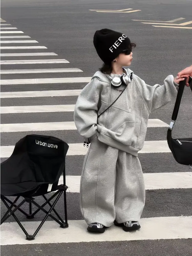 Boys Korean Version of Spring and Autumn New Suit Children's Hooded Fashion Double Zipper Sweater + Pants Casual 2-piece Set