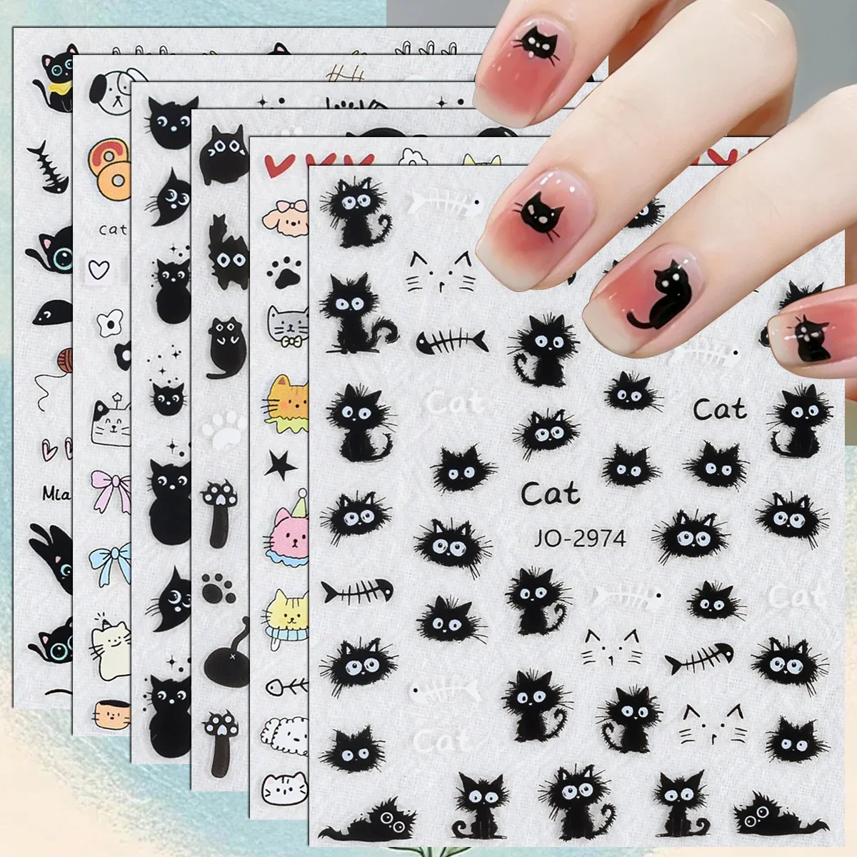 3/6/12 Sheets 3D Embossed Black Cat Nail Stickers Cute Cartoon Kitty Paw Print Fishbone Self Adhesive DIY Nail Decals