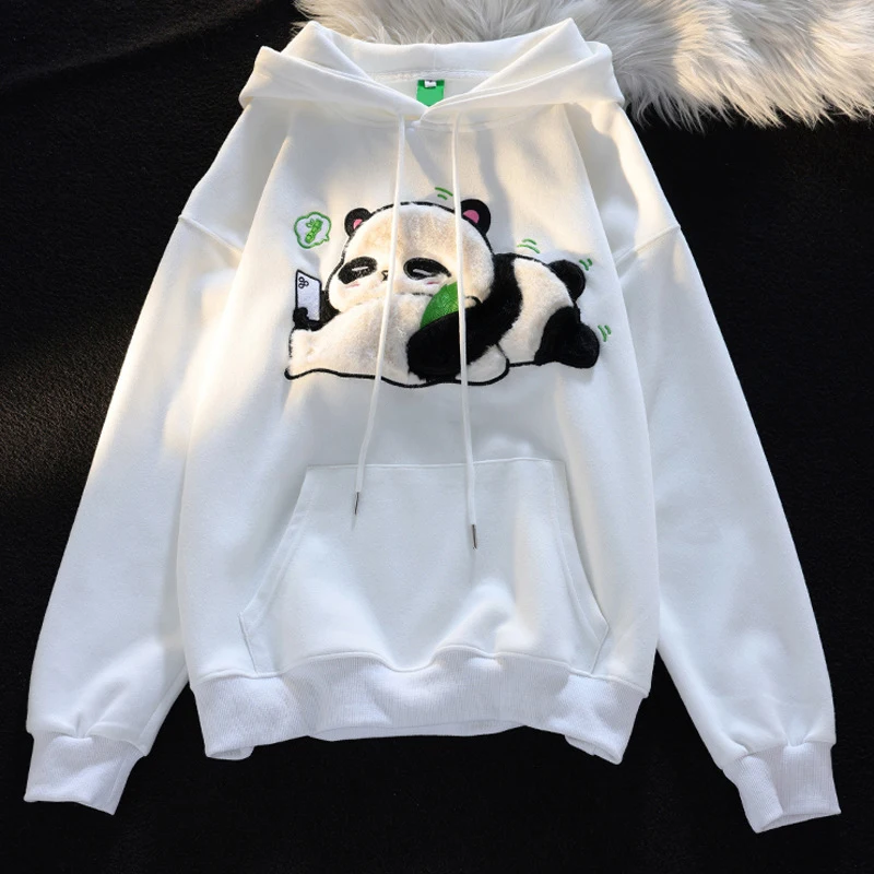 2024 Women Spring Winter Embroidery Print Cute Cartoon Panda Pullover Cotton Loose Hooded Sweatshirt Couple Student Coat Hoodie