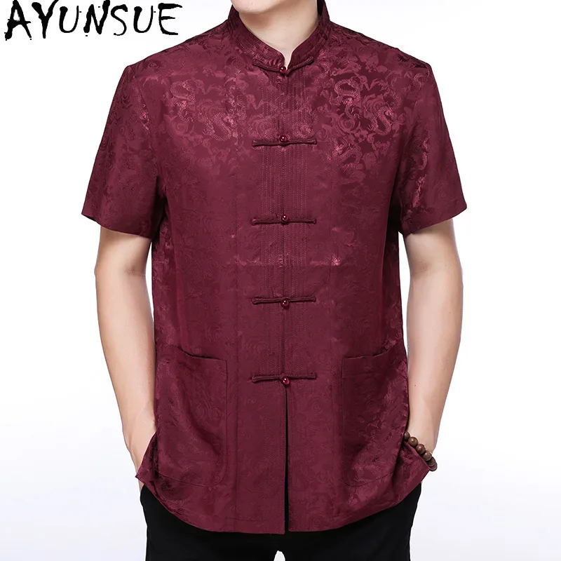 AYUNSUE Brand 100% Mulberry Silk Shirt for Man Short-sleeved Tops Casual Stand Collar Mens Shirts Chinese-style ropa de hombre