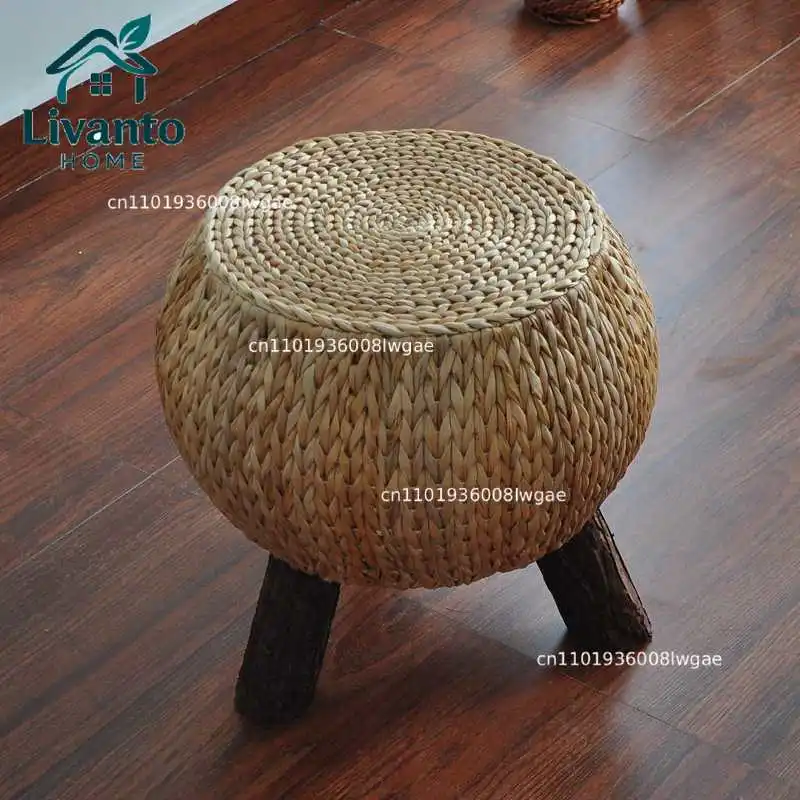 

Retro Footstool Home Living Room Round Stool Pastoral Style Leisure Seat Rattan Chairs Creative Solid Wood Shoe Changing Stools