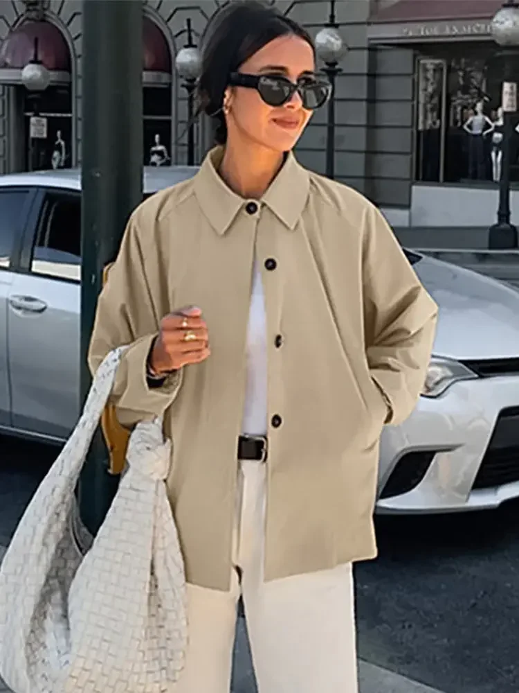 Khaki Single Breasted Lapel Short Windbreaker Women Casual  Long Sleeved Crop Thin Loose Coat Autumn Female New Street Outerwear