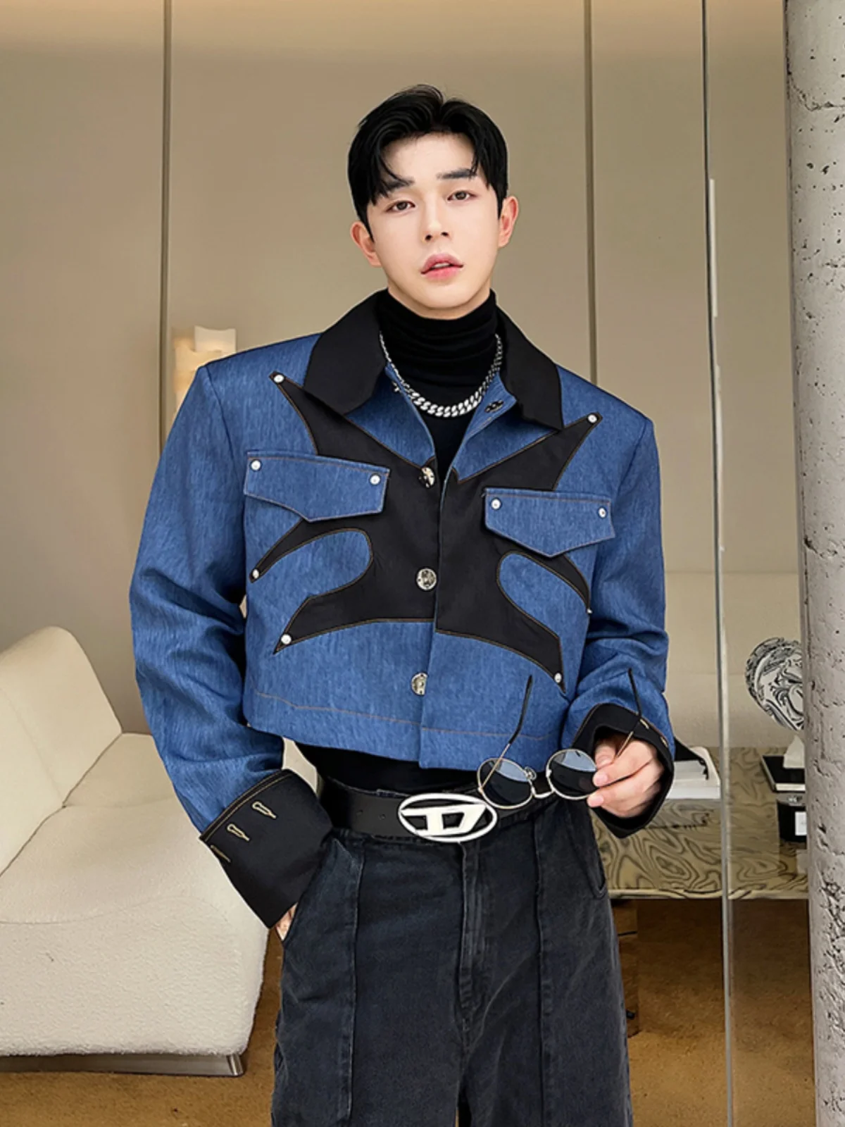 

Autumn Faion ort Men's Jaet Outerwear Quilted Denim Fabric Design Sense oulder Padded Casual Sle Youth ular