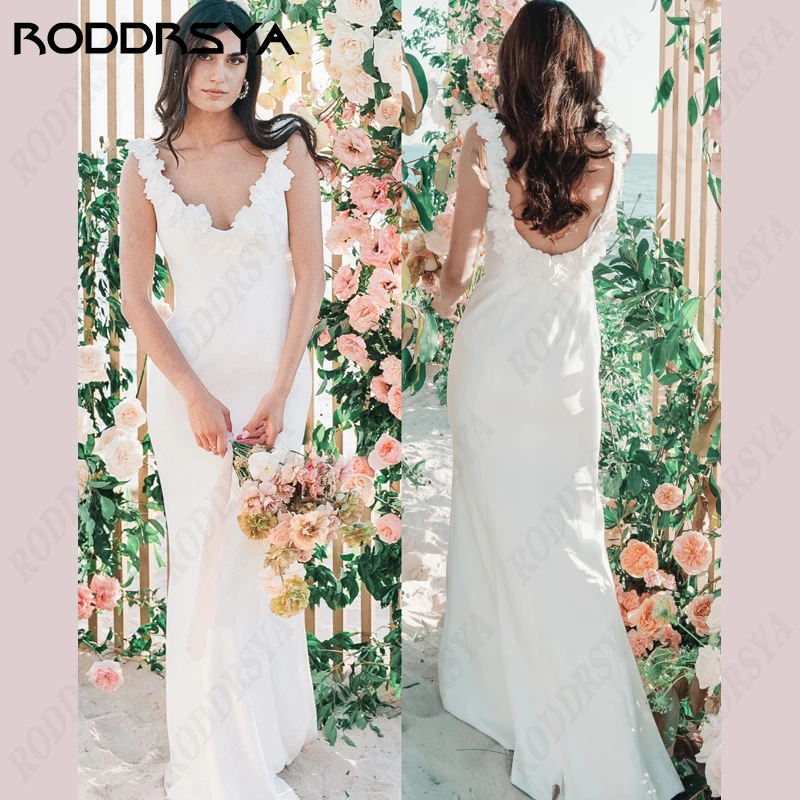 RODDRSYA V-Neck Mermaid Wedding Dresses For Women Sleeveless Backless Simple Bridal Gowns Elegant Satin 3D Flower Robe De Soiree