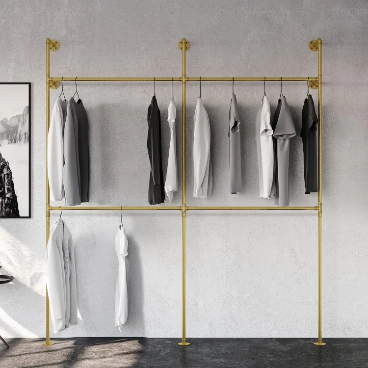 

Industrial pipe clothing rack metal gold - Wall mounted clothes racks for hanging clothes - Modern walk in closet