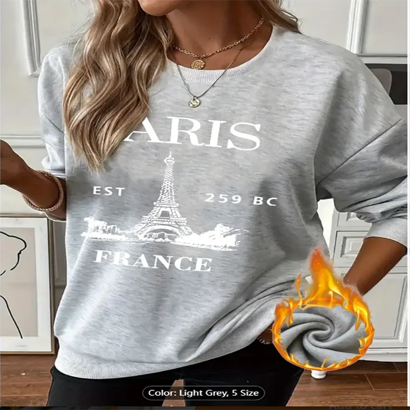 女性用フリース スウェットシャツ、長袖とプルオーバー スタイルを特徴とするエッフェル塔のプリント デザイン
