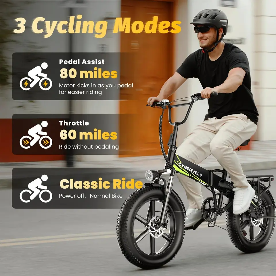 Cybervelo 20' 1000W Foldable Mountain Sand Off Road E-Bike 48V 20AH Built-in Battery 80 Miles+ Long Range Electric-Bike for Adult EK5 image 2