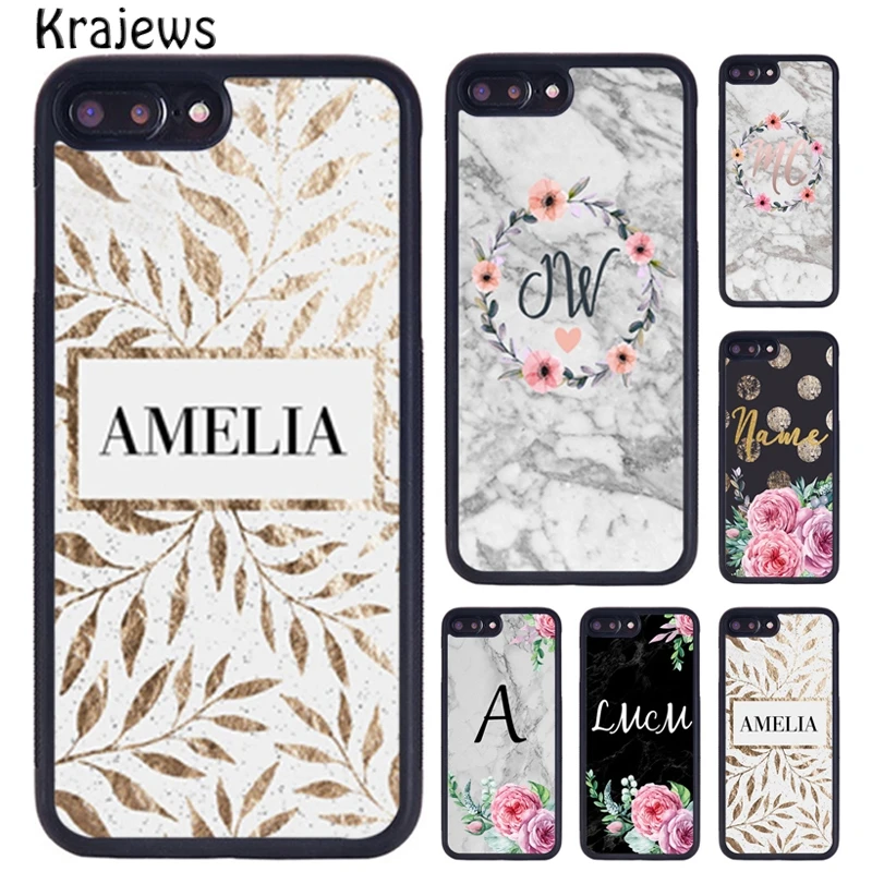 Krajews PERSONALISED FLORAL MARBLE INITIALS NAME Phone Case For iPhone 16 15 14 XR XS 11 12 mini 13 Pro MAX Plus coque