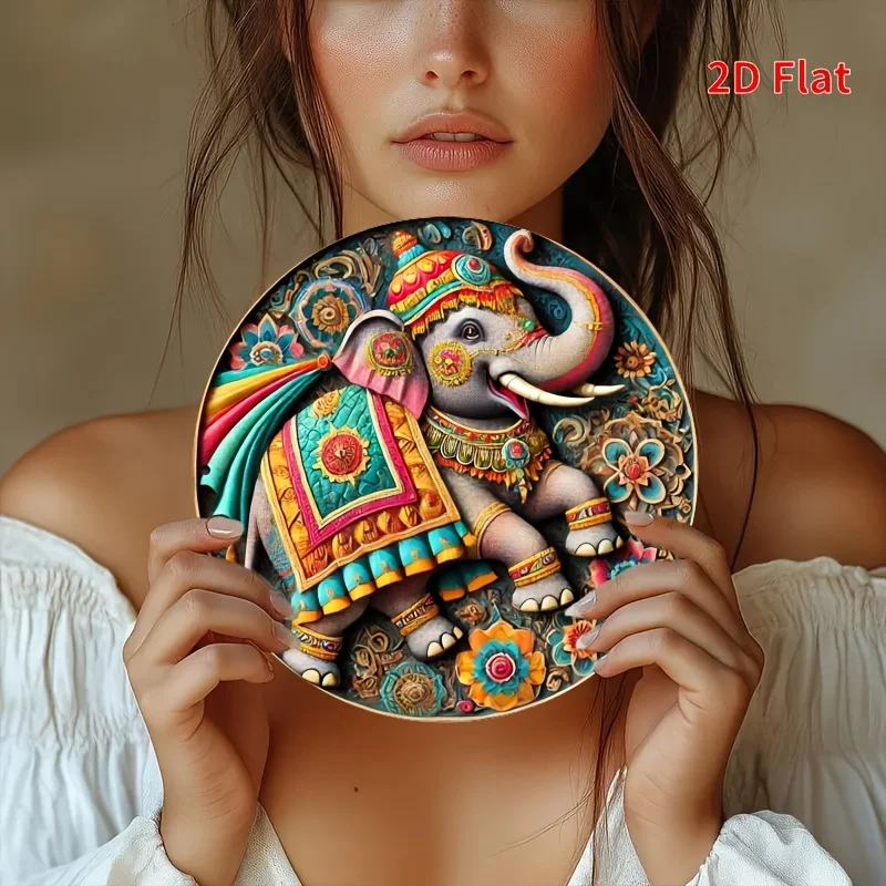2D Flat Print, One Piece, Charming And Lively Elephant Pattern Design, Metal Sign, Round Iron Hanging Painting,