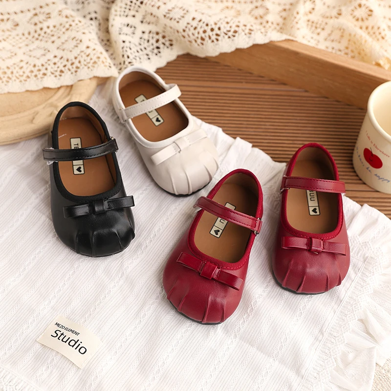 

Туфли Мэри Джейн для девочек с бантом, детские кожаные туфли в стиле принцессы для вечеринок и свадеб, мягкая подошва, нескользящие, повседневные туфли без каблука для детей