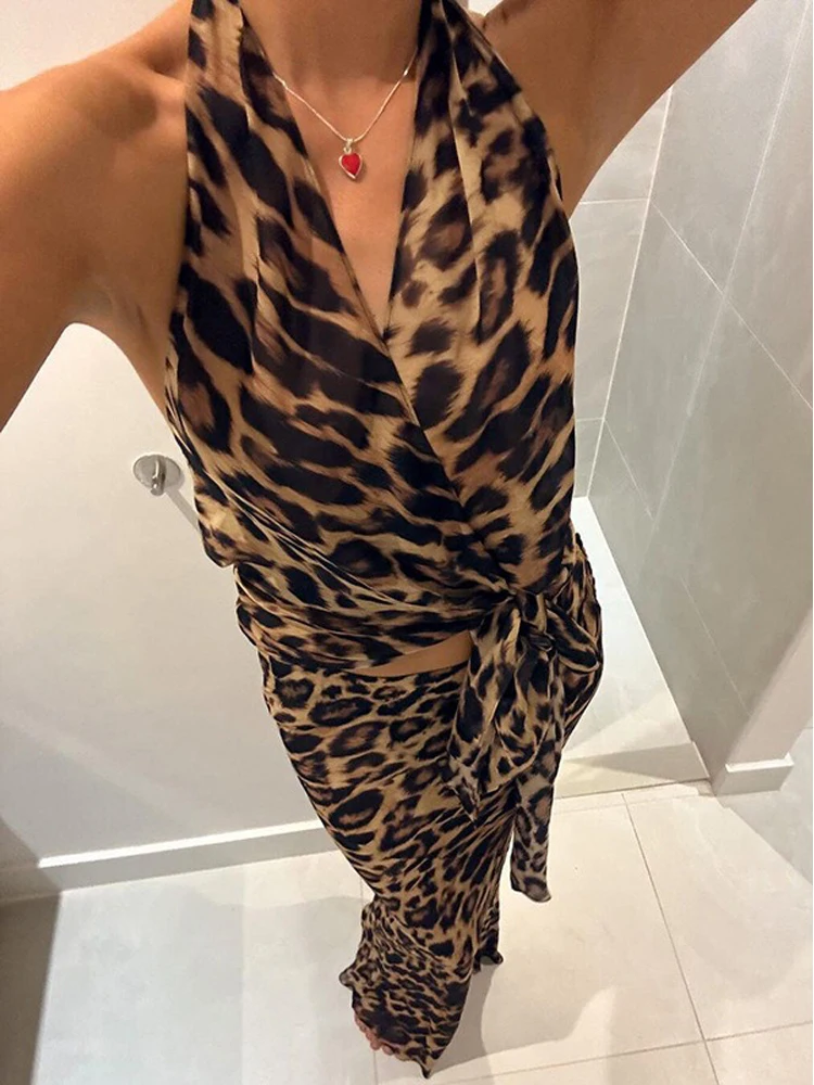 Leopard Print Bodycon Women Y2K Maxi Dress Set Summer Halter Backless Wrap Crop Top Long Skirts Two Piece Matching Sets Outfits