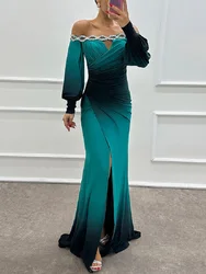 Long Sleeve Printing Elegant Maxi Dress, Women Spring Summer Slash Neck Fashion Party Dress, 2024 Patchwork Simple Ladies Dress