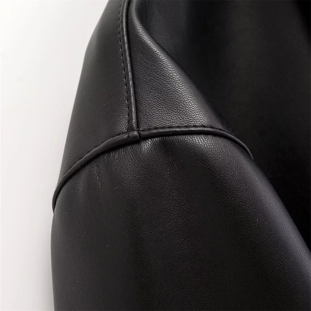 PB&ZA2024 Autumn New Women\'s Fashion Style Casual Versatile Solid Color Single breasted Collar Leather Jacket
