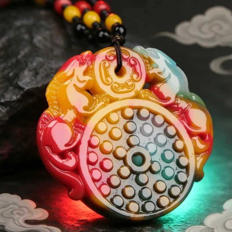 New Colorful Jade Double-sided Gathering Wealth Pixiu Men's and Women's Antique Pieces Double Beast Pendant Jade Pendant