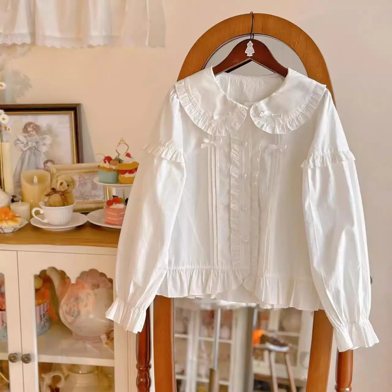 

Custome Japanese Lolita Shirt White Sweet Women Preppy Style Kawaii Blouses Cute Lace Ruffle JK Shirts Girls Long Sleeve Blusas