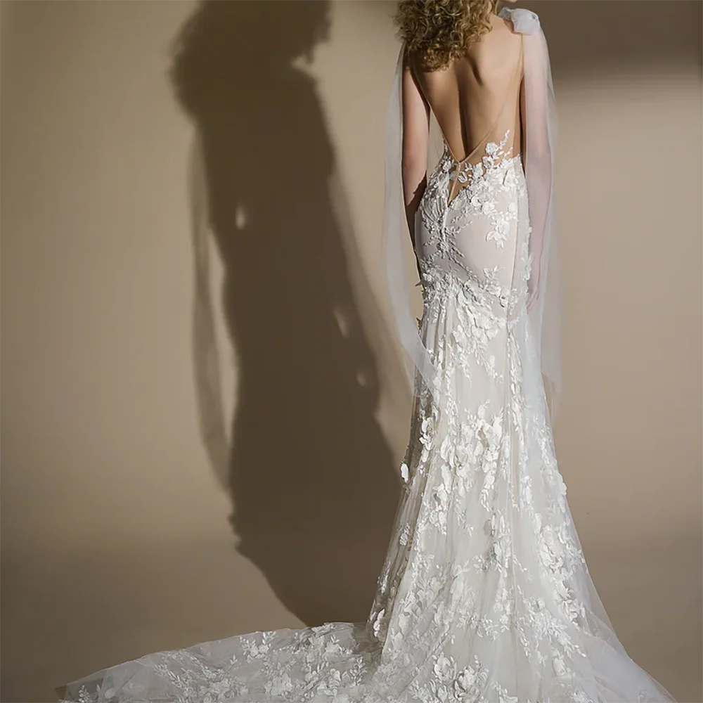 우아한 딥 브이넥 민소매 아플리케 백리스 인어 신부 웨딩 드레스 신부 가운 맞춤형