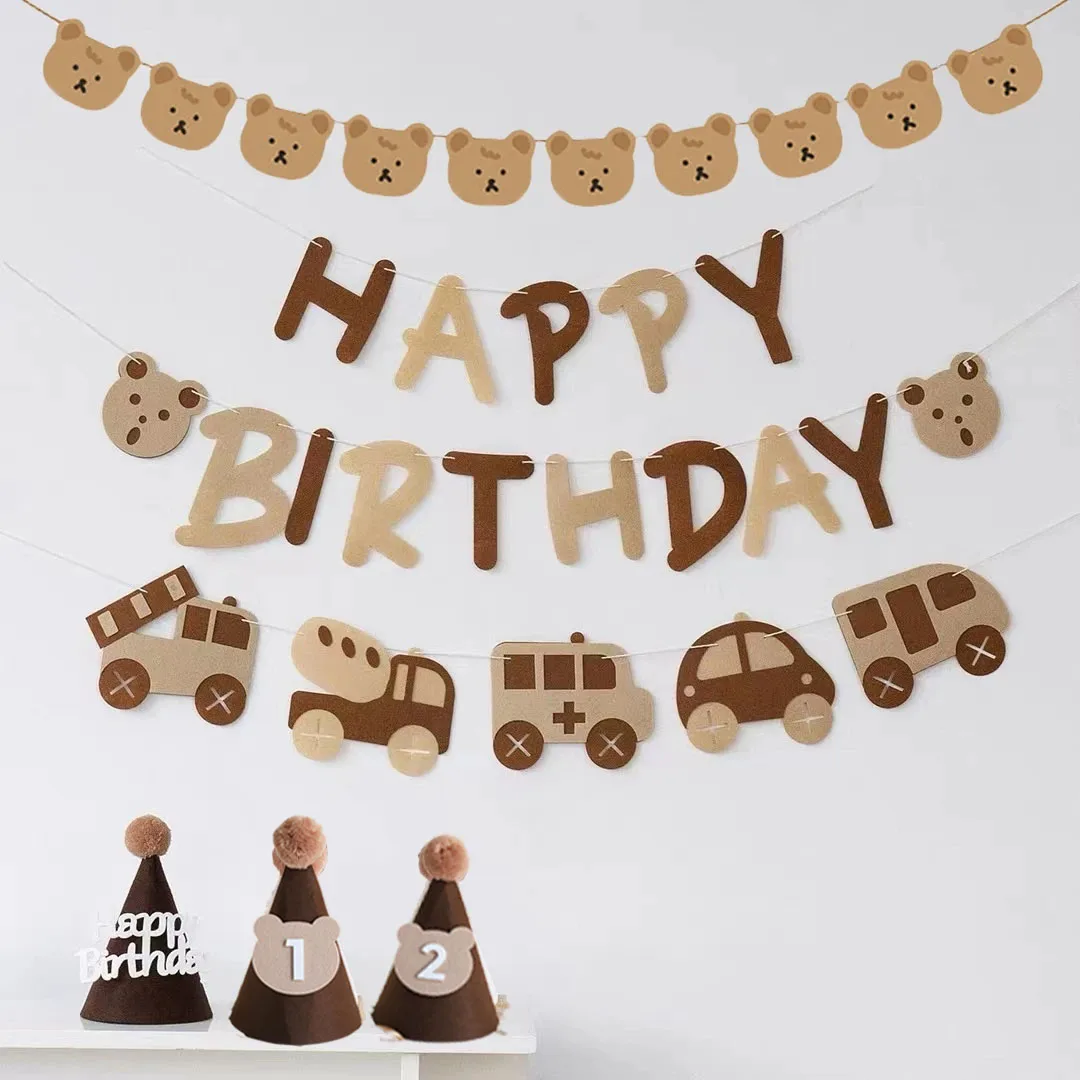 Pancarta de Feliz Cumpleaños de oso, sombrero de cumpleaños, globos de números de caramelo crema, suministros de fiesta de cumpleaños para niños,