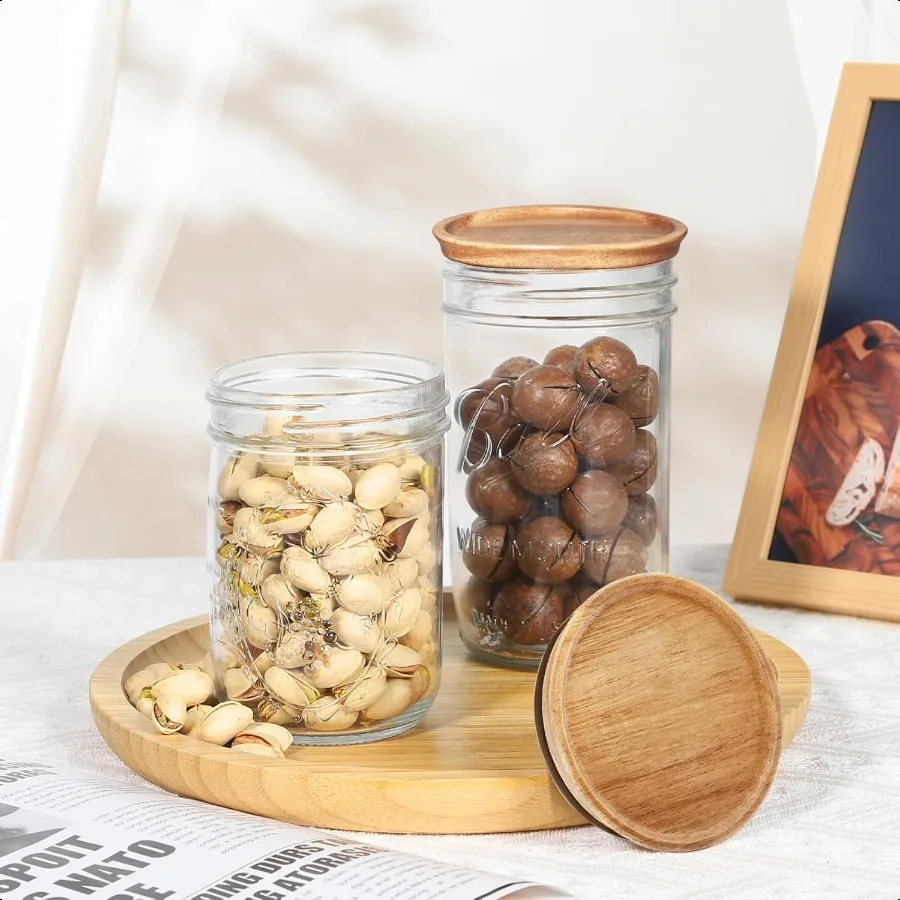 Confezione da 6 coperchi per barattoli di vetro in legno a bocca larga per barattoli di vetro a sfera Coperchi riutilizzabili per barattoli di vetro in legno di acacia con guarnizione in silicone ermetico Perf