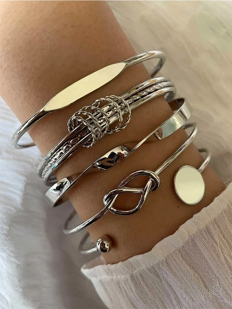 5Pcs Set Gold/Silver Color Fashion Charm Bracelet Women Retro Glossy Geometric Metal Twist Chain Bangles Bracelet Set Jewelry