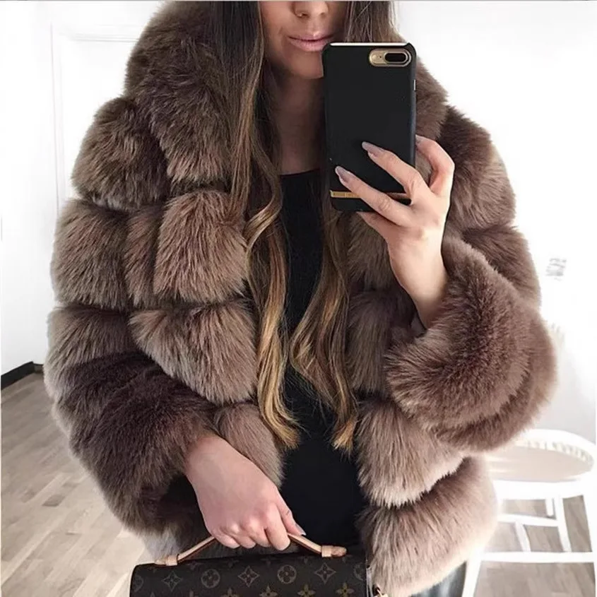 Fashion Imitation Fox Fur Grass Jacket Women's Hooded Loose Long Sleeves Patchwork Plush Thick Coat Winter