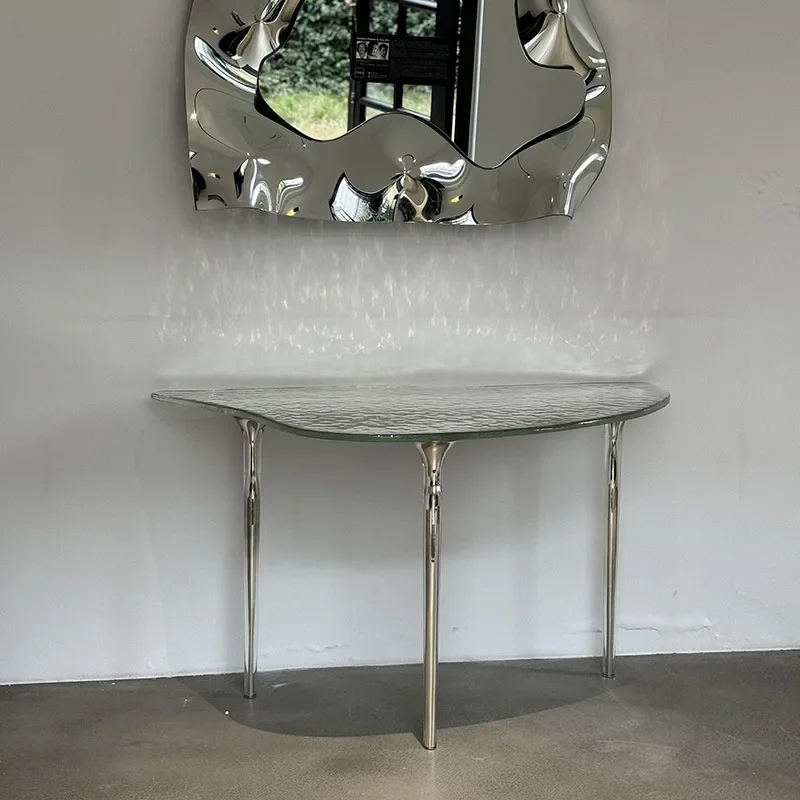 طاولة مدخل ذات ملمس زجاجي جديد وبسيط وحديث، مدخل ساق طاولة من الفولاذ المقاوم للصدأ بسيط ومتعدد الاستخدامات #3