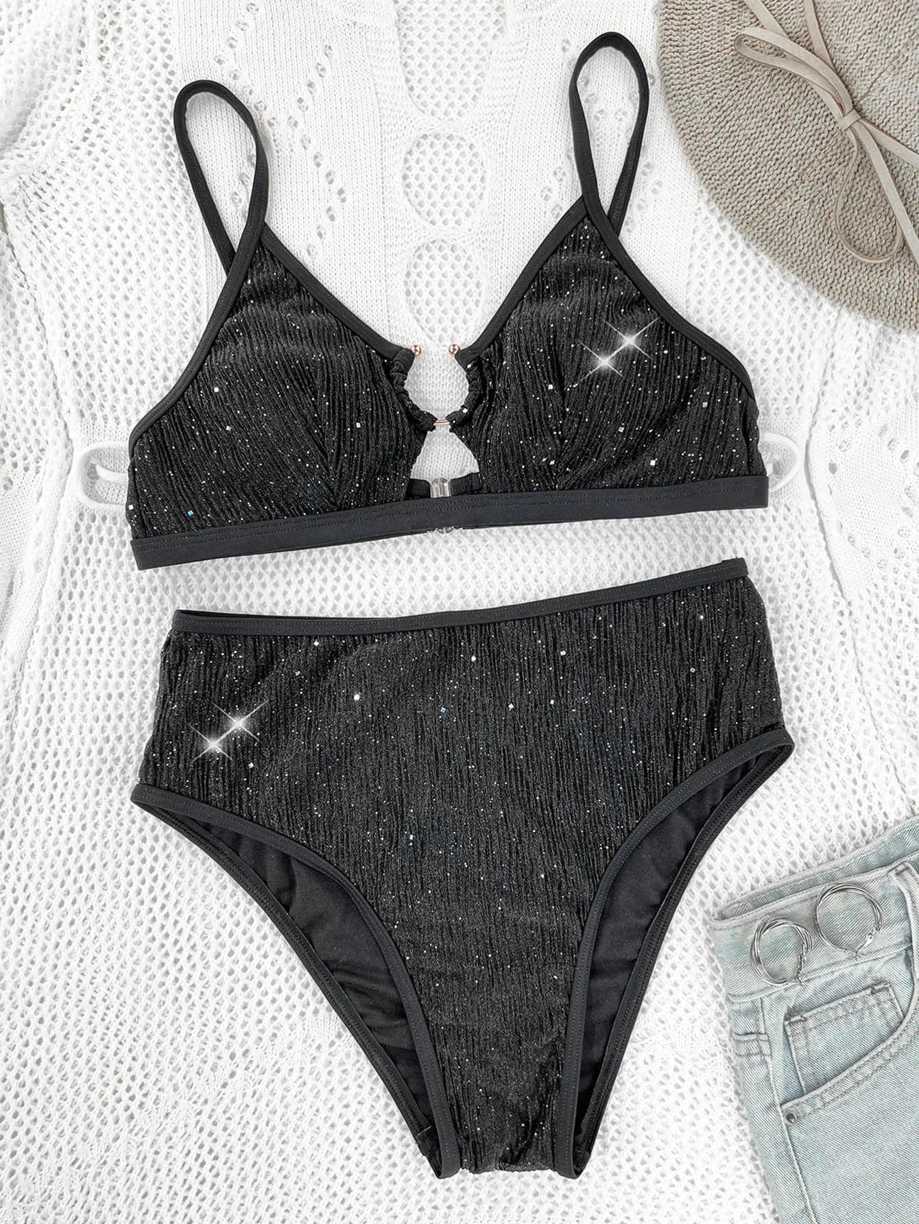 Black Shiny 2 Piece Swimsuit for Women,2024 High Waist Hollow Out Ring Bikini,V-neck Suspender Backless Swimwear,bathing Suit