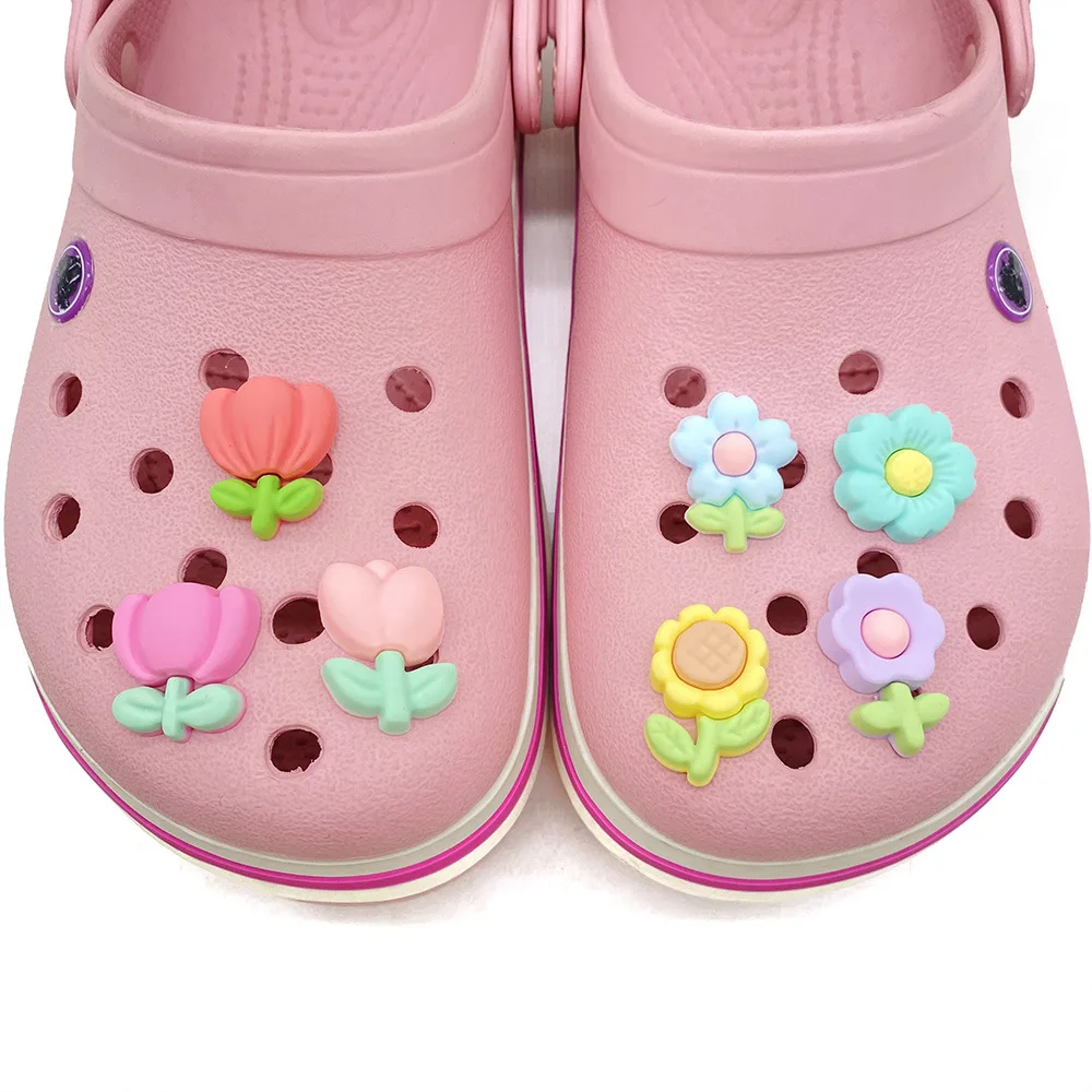 New 1-7Pcs Cartoon Tulip Sunflower Flower Series PVC Shoe Charms Accessories DIY Detachable Cute Shoe Decorations Giftsts