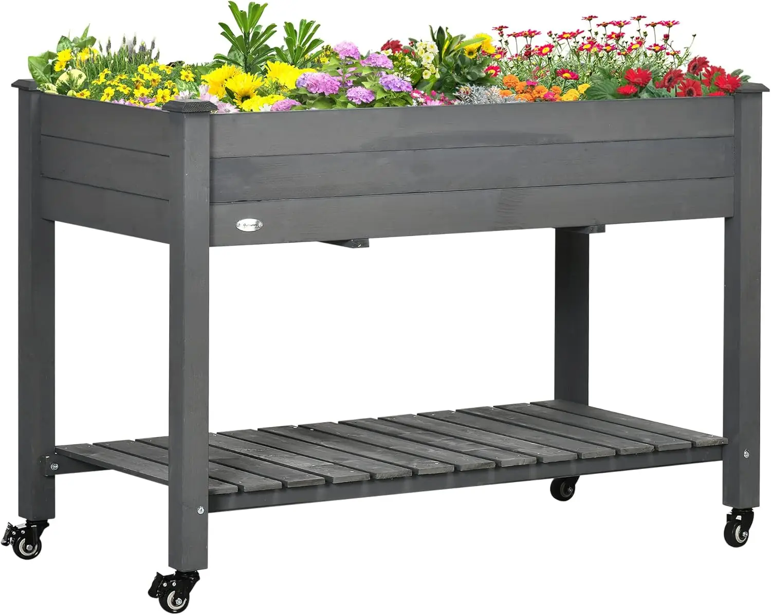 

Raised Garden Bed, 47" x 22" x 33", Elevated Wooden Planter Box w/Lockable Wheels, Storage Shelf, and Bed Liner