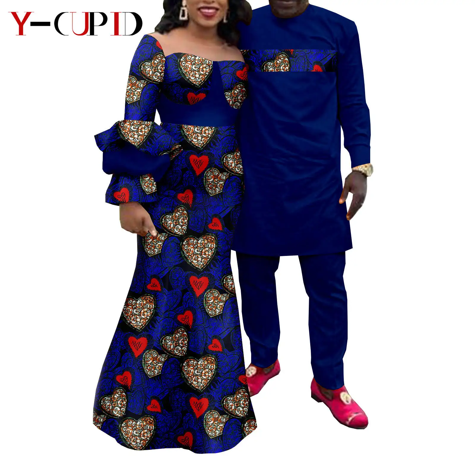 African Print Long Dresses for Women Matching Men Outfits Top and Pant Sets Bazin Riche Couple Clothes Wedding Wear Y22C045