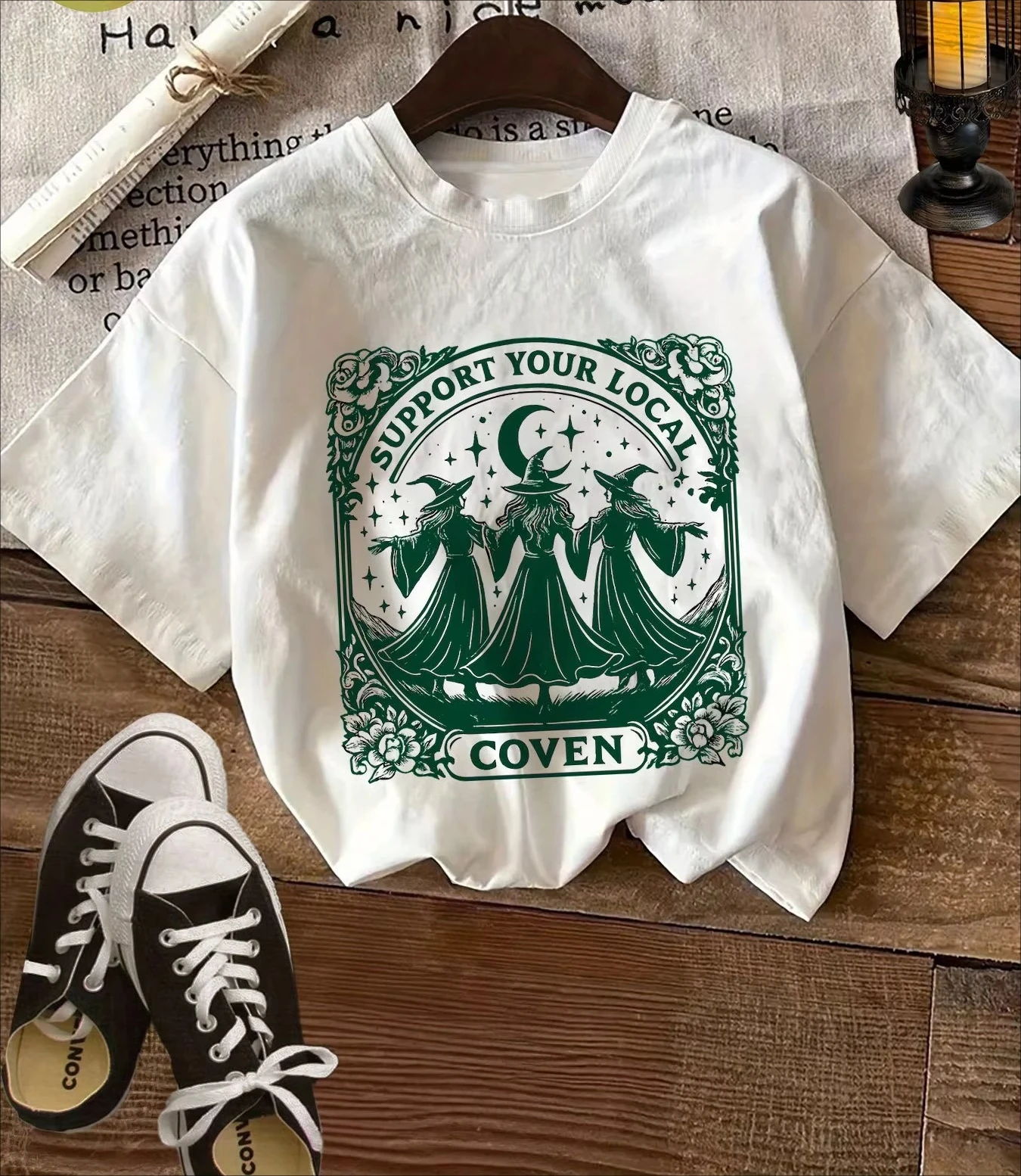 Halloween Vintage Style Graphic Tops Witch Moon Support Your Local Cocen Printed Women T Shirt Short Sleeve Round Neck T-Shirt