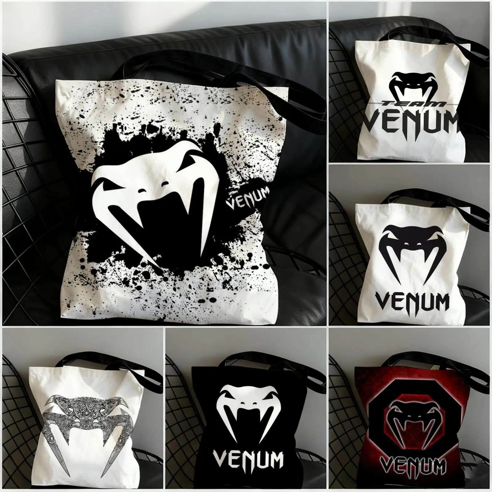 Bolsas de armazenamento Cool V-Venum, bolsa de lona com estampa dupla face, bolsa de compras de grande capacidade, bolsa de compras fashion
