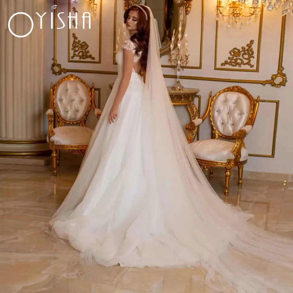 OYISHA Elegant Wedding Dresses A-Line Cap Sleeves High Neck Lace Top Brdial Gowns Button Design Open Back Tier Vestido De Novia