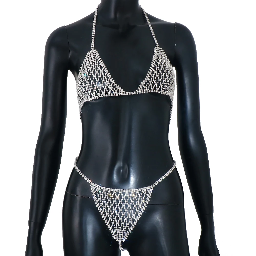 Sexy Rhinestone Mesh Body Chain Set Lingerie Waist Top Necklace Thong Summer Festival Jewelry Accessories Underwear Belly Woman