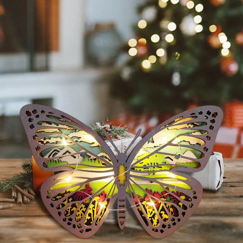 Wooden Butterfly Statue Three-Dimensional Butterfly Desktop Ornament With Light Cabin Decor Multi-Layer Hollow Out Animal