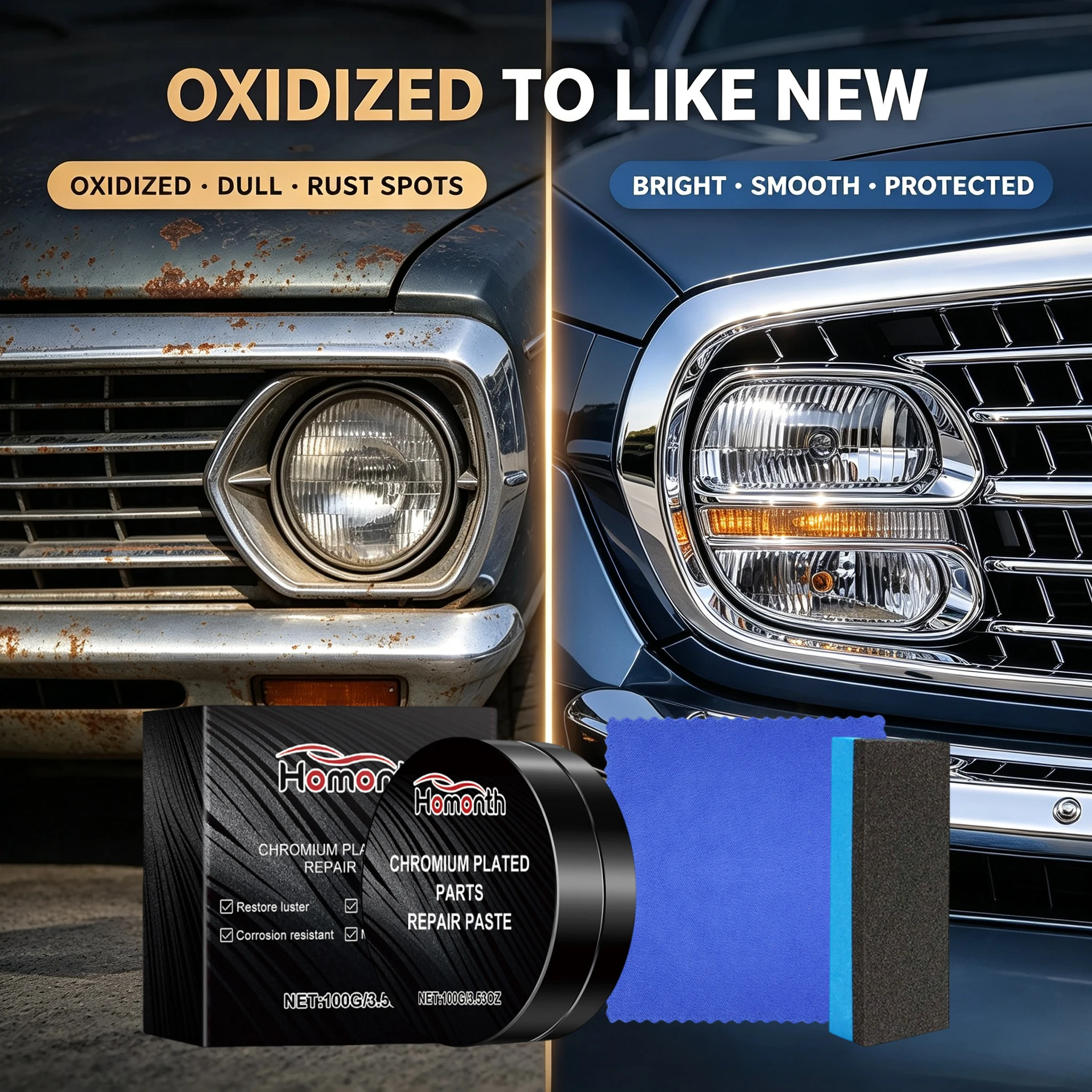 Chrome Cleaner Repair Paste for Cars Metal Polishing Remove Oxidation Corrosion Luster Restore Auto Metal Plating Care Kit