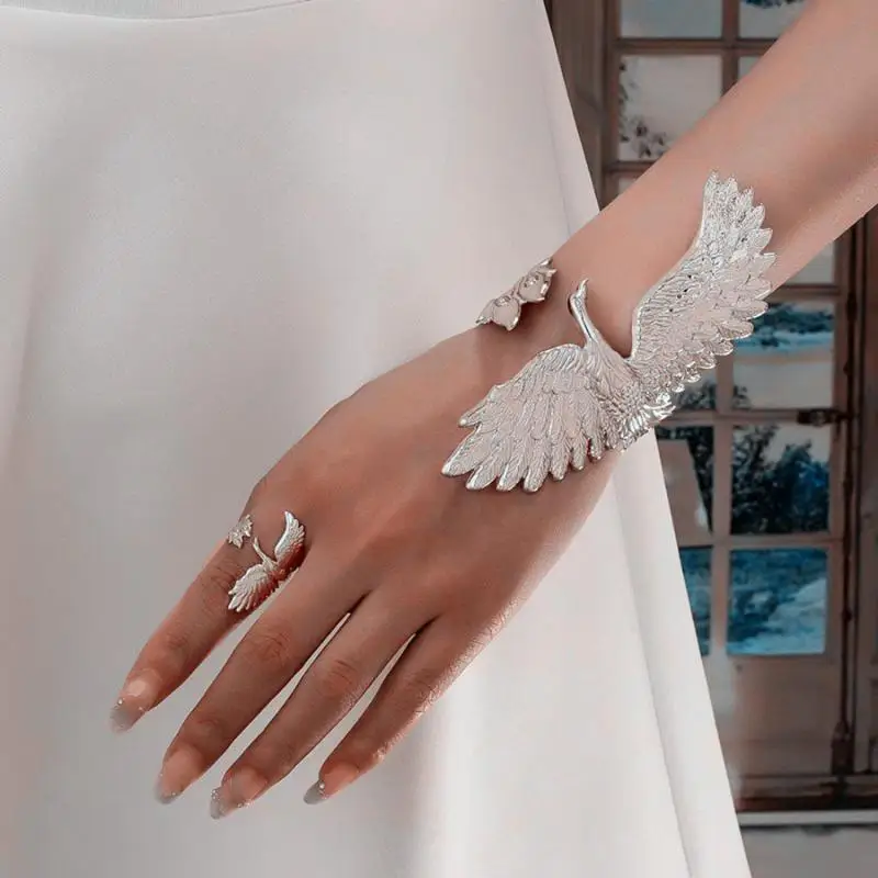 2Pcs Gold Phoenix Cuff Bracelet Ring Jewelry Set Adjustable Carved Design for Party Prom Costume Gift Fashion Accessory