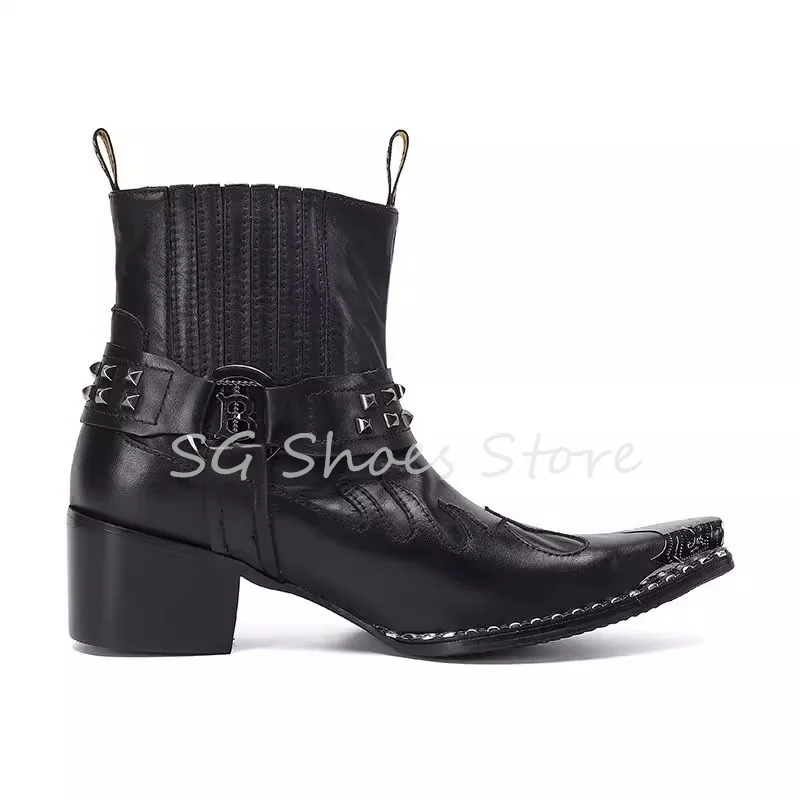 

Pointed Toe High Top Black Leather Shoes Male Rock Dress Motorcycle Boots Punk Rivet Metal Toe Wedges Chelsea Boots for Men