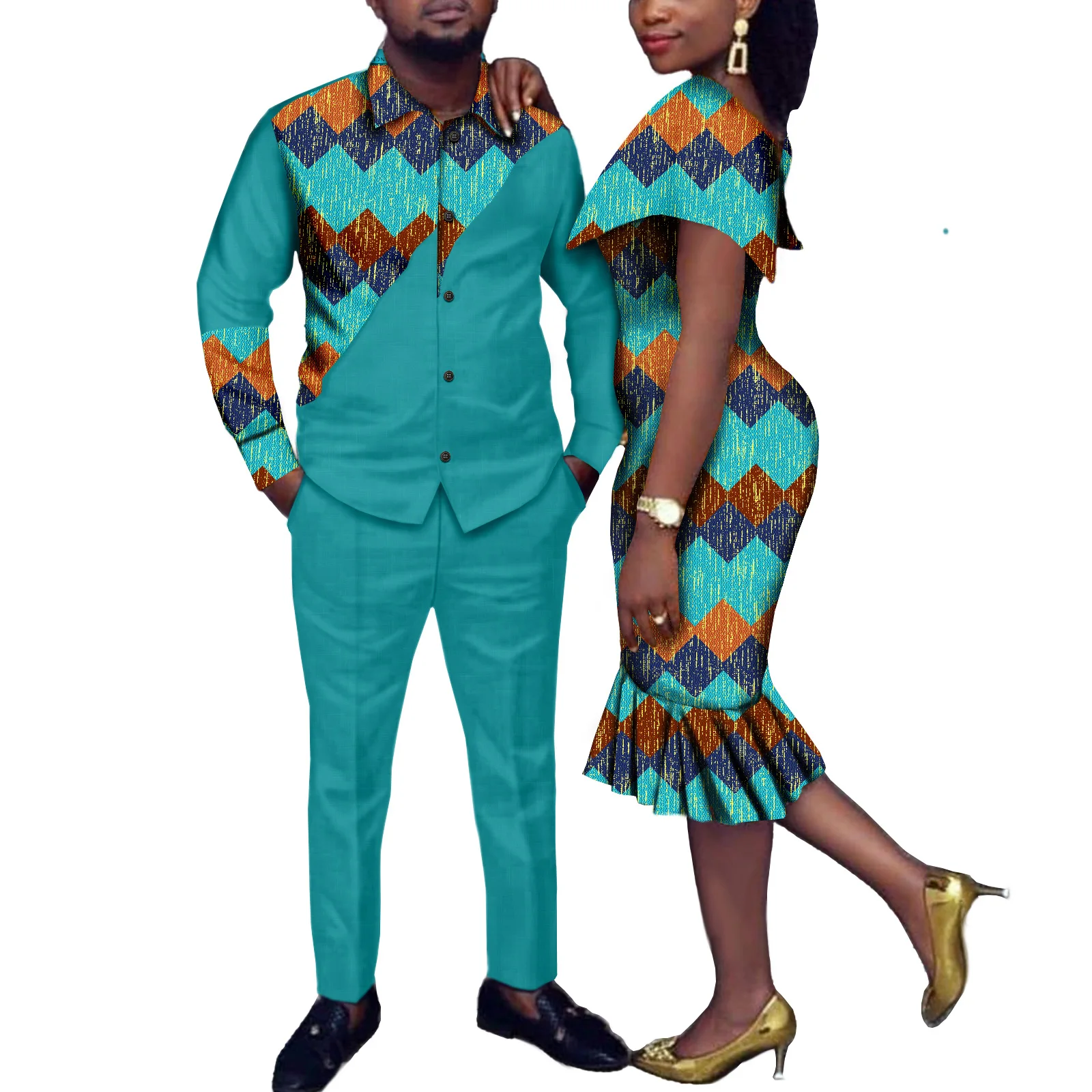 African Couples Women Print Wax Cotton Fashion Patchwork Hot Dress& Men 2 Pieces Shirt and Pants Sets