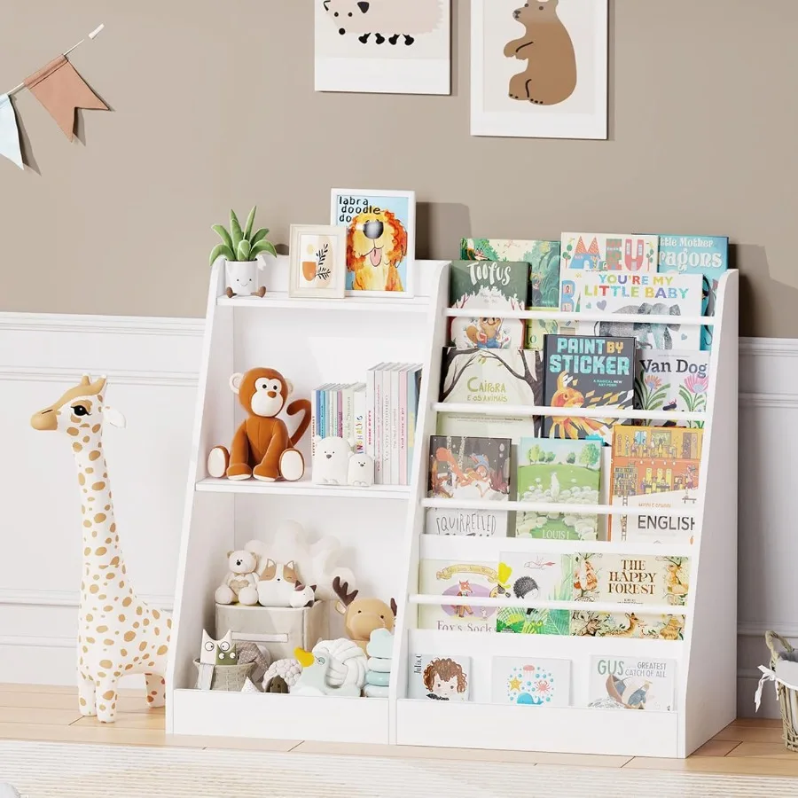 Lkeiyay Bookshelf and Toy StorageNursery Bookshelf Single-Sided Book Display with Storage White