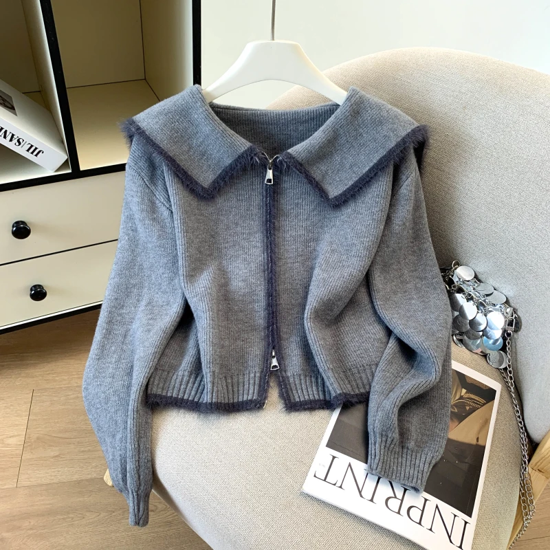 Autumn and Winter High-end Contrast Color Thickened Navy Collar Zipper Knitted Cardigan Sweater Jacket Female Top Warm