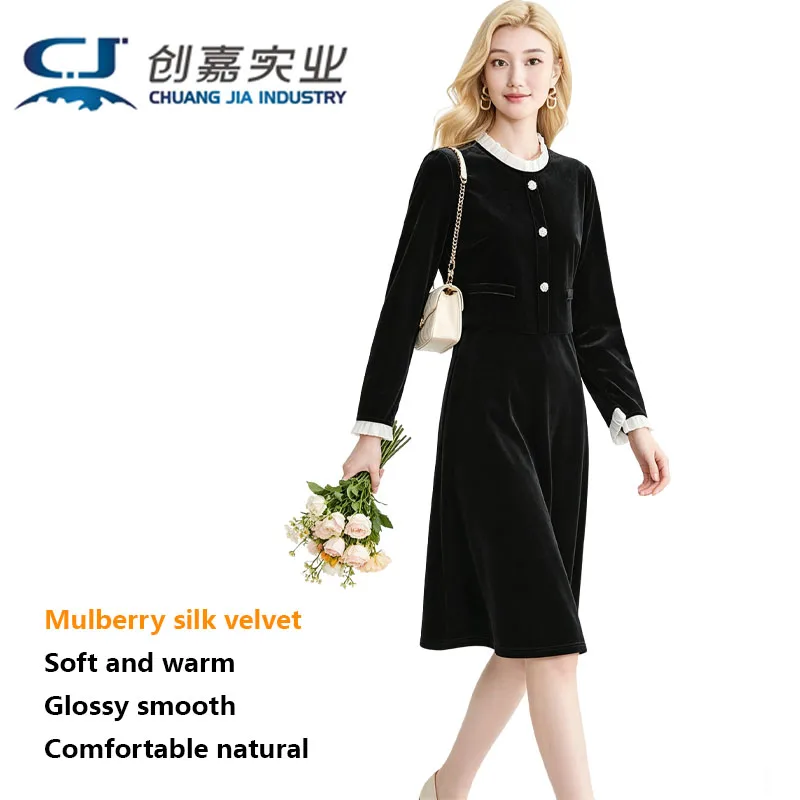 Silk Velvet Dress for Ladies French Hepburn-style Double-layered Dress with Business Casual Look, Exuding Elegant Refined Charm.